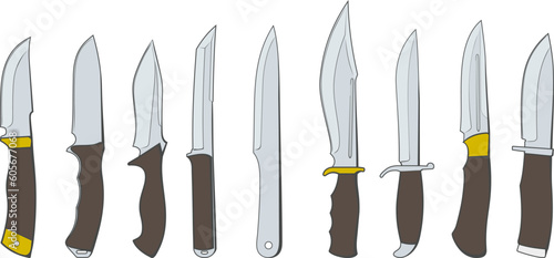 set modern combat and hunting non-folding knives isolated on white background