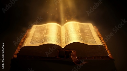 Light shining on an open bible, Shining Holy Bible - Ancient Book On Old Table photo