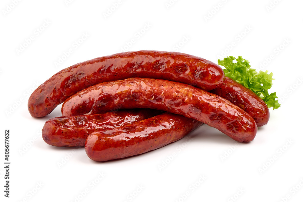Grilled pork sausages, isolated on white background. Grilled pork sausages, isolated on white background.