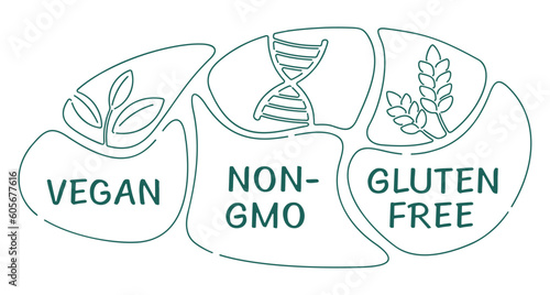 Vegan, Non-GMO, Gluten free badge in thin line