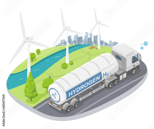 Green hydrogen H2 future energy transportation to city concept semi trailer gas tank on the road isometric cartoon vector isolated
