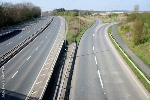 View above the A41 and slip road in Leavesden, North Watford, Hertfordshire, England, UK