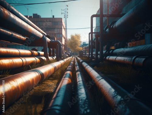Industrial background Steel pipelines and valves Created with Generative AI technology