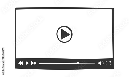 Video player template in doodle style. Hand drawn online movie digital screen with buttons and loading slider bar. Multimedia app window simple design. Vector graphic illustration