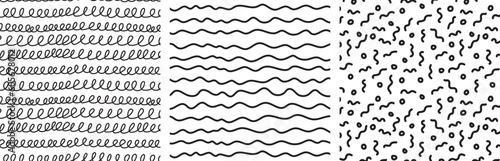 Collection of three black and white hand drawn seamless patterns. Doole abstract vector set. photo