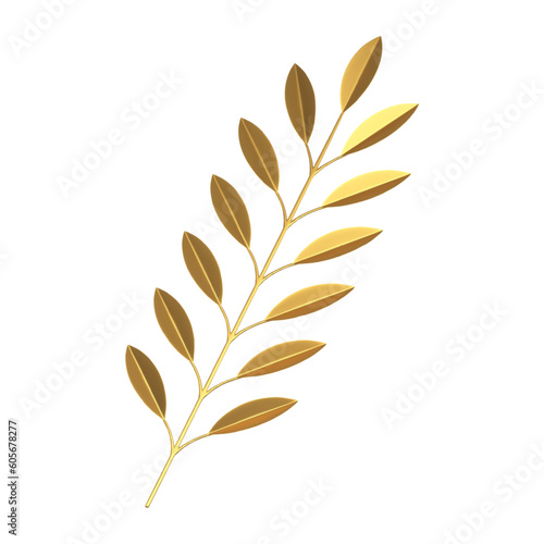 Tree branch with tropical leaves golden metallic decor element floristic composition 3d icon vector
