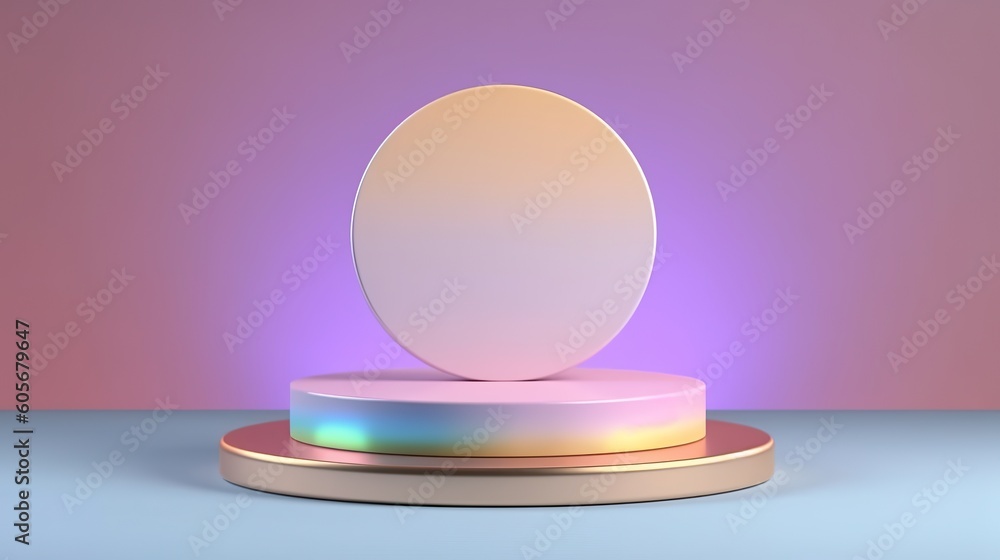 Visualize a fluo iridescent minimalist centered display, a unique abstract podium ideal for product packaging, cosmetics, or presentation shows. A radiant stage pedestal platform, conceived by AI Visualize a fluo iridescent minimalist centered display, a unique abstract podium ideal for product packaging, cosmetics, or presentation shows. A radiant stage pedestal platform, conceived by AI