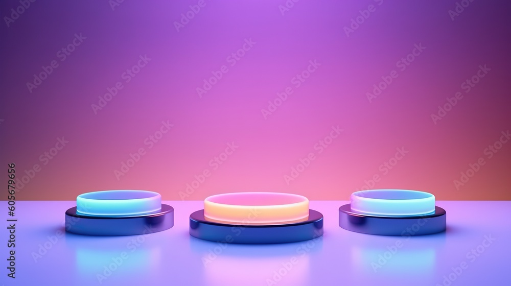 fluo iridescent minimalist centered display, an abstract minimal podium perfect for product, cosmetics showcases, or stage presentations. A luminescent pedestal platform, crafted by AI fluo iridescent minimalist centered display, an abstract minimal podium perfect for product, cosmetics showcases, or stage presentations. A luminescent pedestal platform, crafted by AI