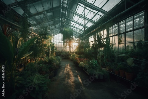 Artificially lit greenhouse hosts green plants. Generative AI