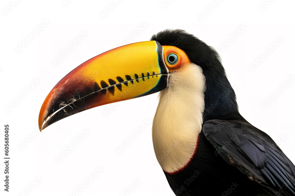 Naklejka premium Image of toucan on a white background. Bird. Wild Animals. illustration. Generative AI.
