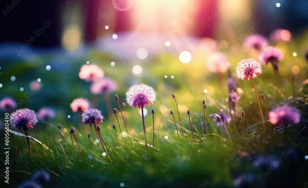 Experience a spring background with nature's beauty in full display; a blooming glade blurred, trees, and a blue sky enhancing the sunny day. A refreshing sight, created by AI
