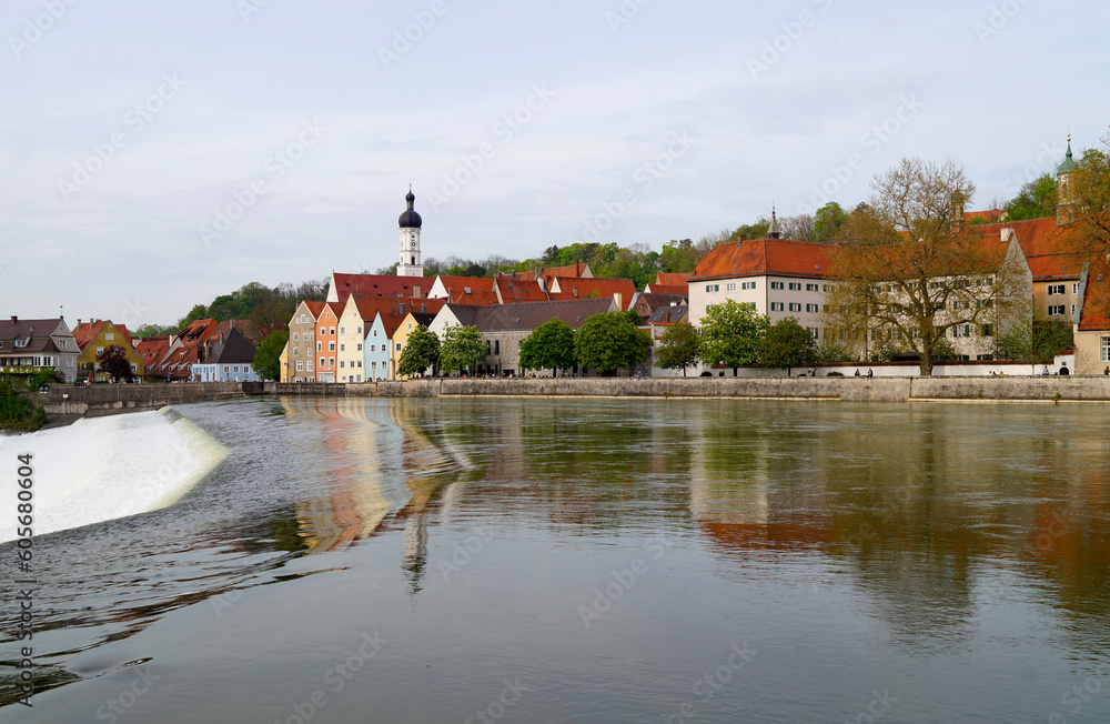 Beautiful, quaint, ancient Bavarian town Landsberg on Lech (Landsberg am Lech) on a warm spring evening in May (Bavaria, Germany)	
