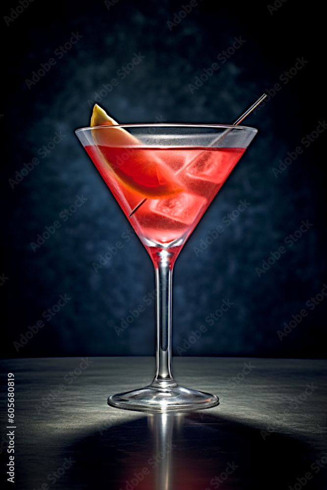 Glass of Cosmopolitan cocktail placed on a table. Ai illustration, fantasy digital painting, Generative AI Glass of Cosmopolitan cocktail placed on a table. Ai illustration, fantasy digital painting, Generative AI