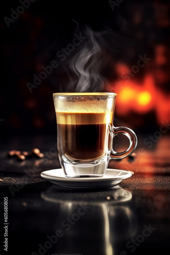 Glass of espresso drink on the table. Hot coffee, closeup. Ai illustration, fantasy digital painting, Generative AI