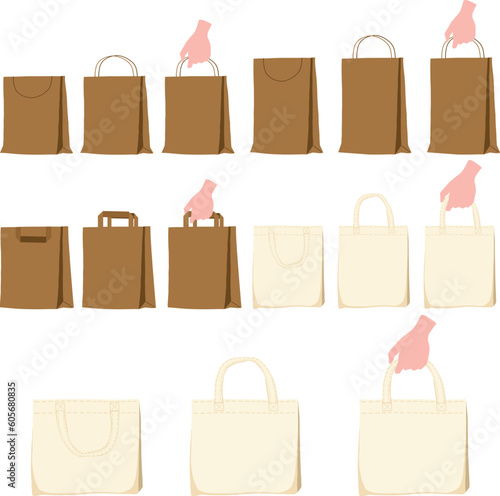 hand drawn illustration set of shopping bags and tote cloth bag in brown and white with cord  handles and hand carrying vector 