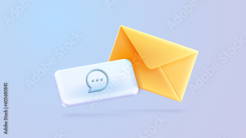 3d orange close mail envelope icon with new message isolated on grey background. 3d realistic vector email notification