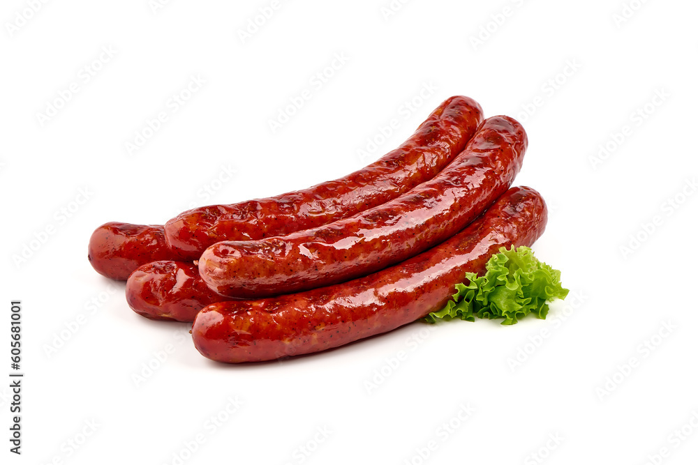 Roasted sausages, barbecued sausages, isolated on white background.