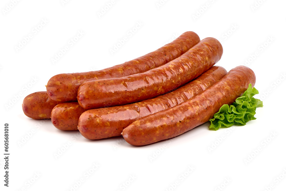 Smoked pork sausages made from minced meat isolated on white background. Smoked pork sausages made from minced meat isolated on white background.