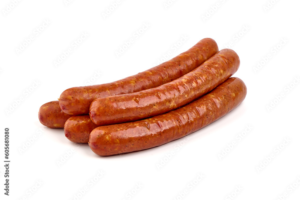 smoked sausages isolated on white background. smoked sausages isolated on white background.