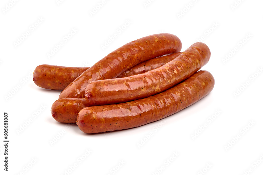 Smoked pork sausages made from minced meat isolated on white background.