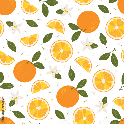 Orange blossom pattern seamless on white background. Orange fruits, flowers and liefs. Good for wallpaper, wrapping paper, textile, background, decor.