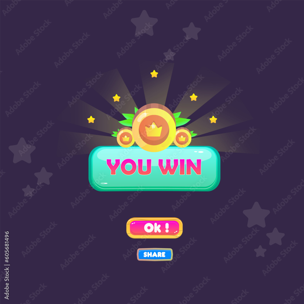 You Win Game UI Badge Pop Up Icon Reward Prize Premium Coins Stars Turquoise Glossy Button Magic Shine Buttons Cartoon Cute Vector Design