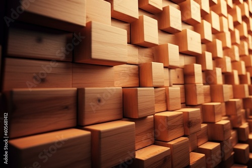 A wall of rectangular tiles with a soft sheen sits in front of a 3D render of stacked wooden blocks  creating a timber block background. Generative AI