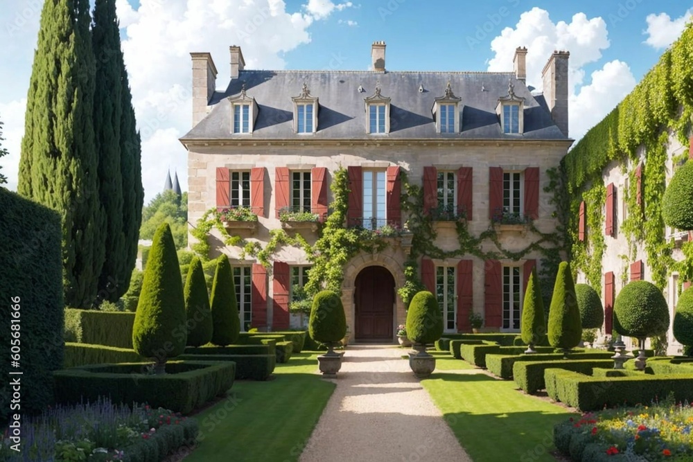 Illustration of a Renaissance architecture style French Castle in a French Garden on a beautiful summer day - Generative AI 