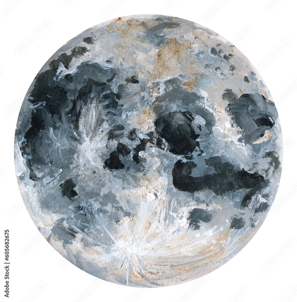 Moon illustration. Full moon, craters on the moon. Gouache