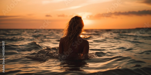 A young beautiful woman stands with her back against the background of the sea and the seashore, in the rays of the setting sun. Generative AI