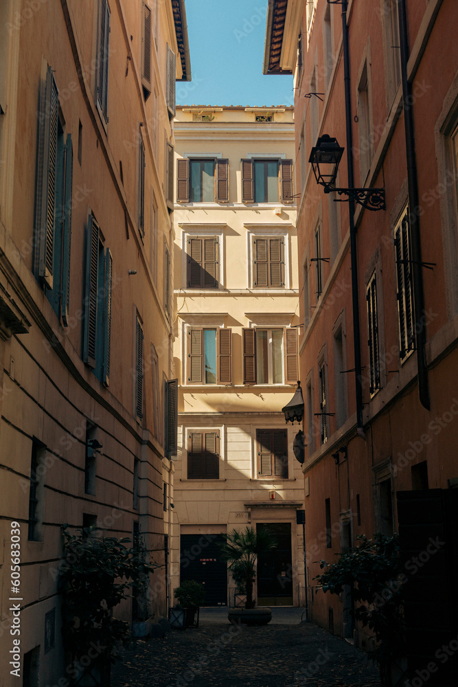 A narrow alley with a building on the left and the windows on the right. Street of Rome