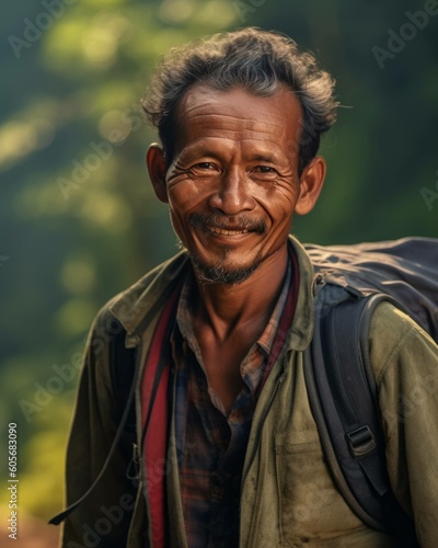 Smiling Mature Hiker Backpacking, Man Hiking Photorealistic Portrait Illustration [Generative AI]
