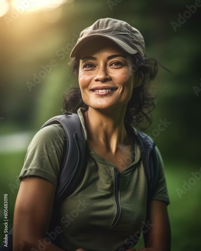 Smiling Woman Wearing Backpack Hiking Photorealistic Portrait Illustration [Generative AI] © Visionarily