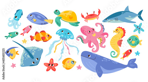 Cute sea animals and fish. Cartoon vector characters with smiling faces.
 photo