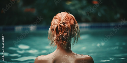 A young beautiful slender woman is standing in the water of the pool, a view from the back and a close-up. Generative AI