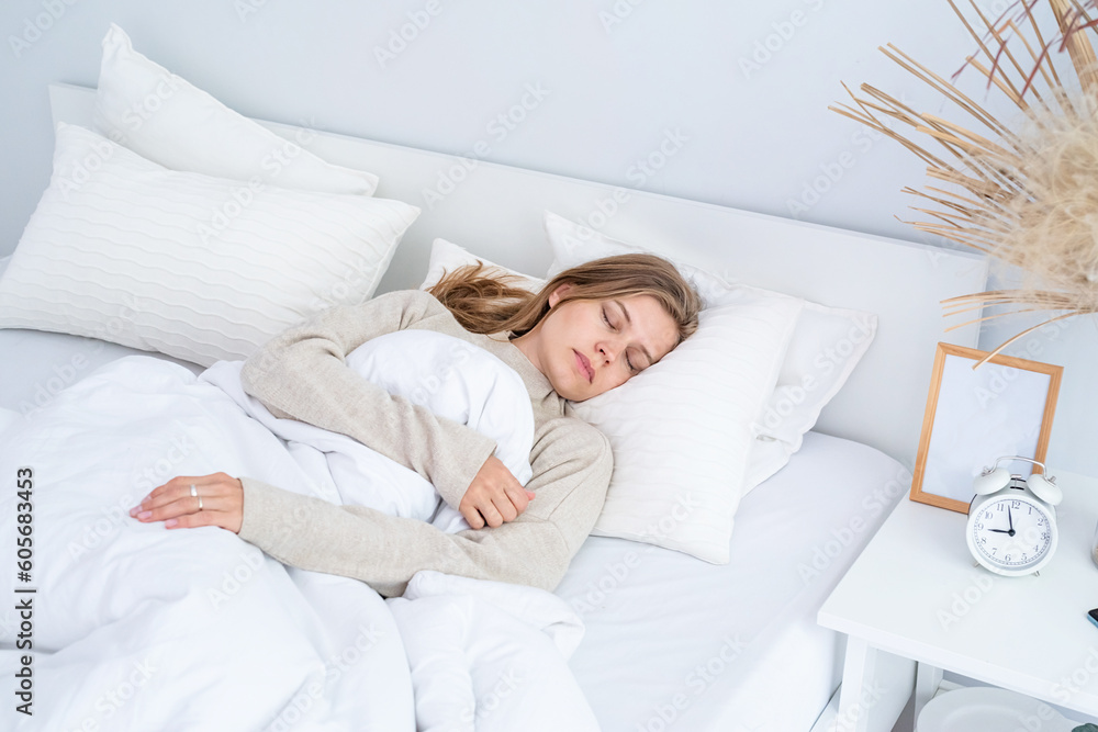 Woman sleeping at bed at home Woman sleeping at bed at home