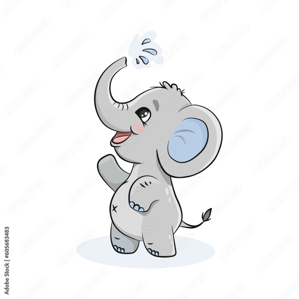 Cute cartoon elephant poured water from his trunk. Vector illustration Cute cartoon elephant poured water from his trunk. Vector illustration