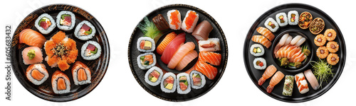 Sushi on black plate, aerial view with transparent background, Generative AI Technology