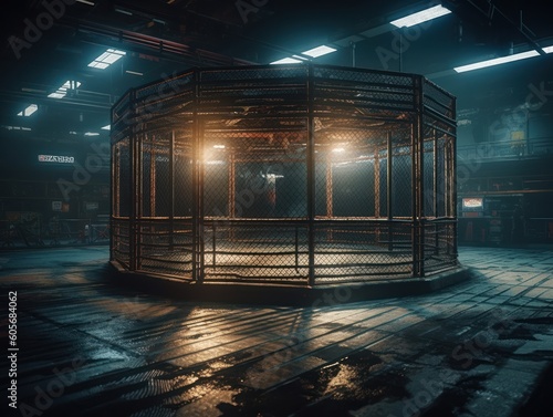 In the fighting cage Interior view of sport arena Created with Generative AI technology. photo