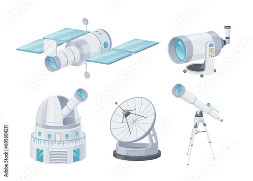 Astronomical telescopes radio orbital optical lens for cosmic observation set isometric vector
