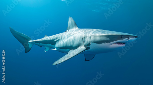 Ocean shark bottom view from below. Open toothy dangerous mouth with many teeth. Underwater blue sea waves clear water shark swims