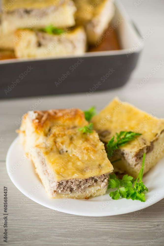 Cooked meat pie, pieces in a plate