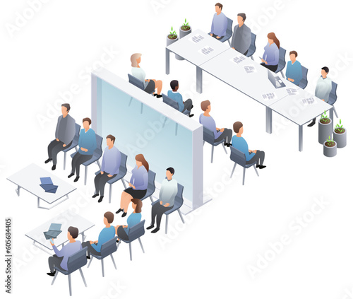 HR interview. Group job interview with candidates and recruiter. Recruitment and career beginning concept. Recruiters interviewing candidate Isometric vector illustration, isolated on white background