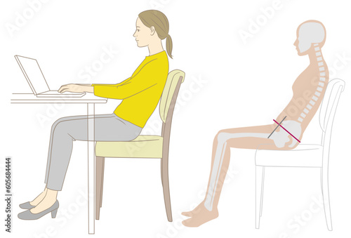 背もたれにもたれてでデスクワークする女性と骨格図
