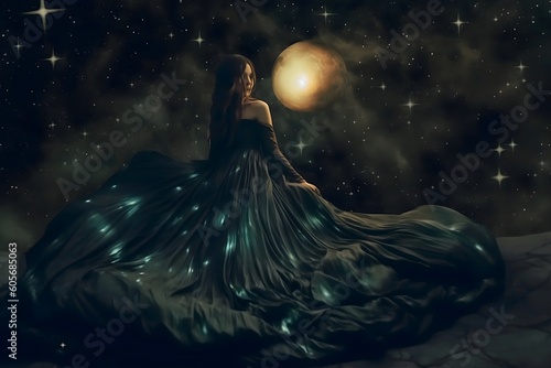Young woman in starry dress looking at shining Moon © Vadim