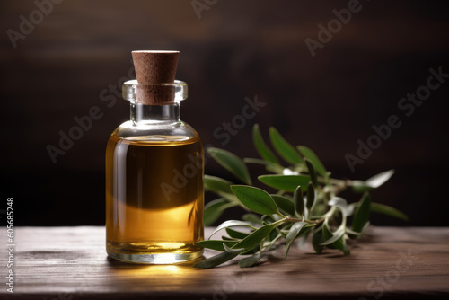 Fragrant Tea Tree or Melaleuca Essential Oil in a small glass bottle next to a branch, dark rustic wood background. Generative AI.