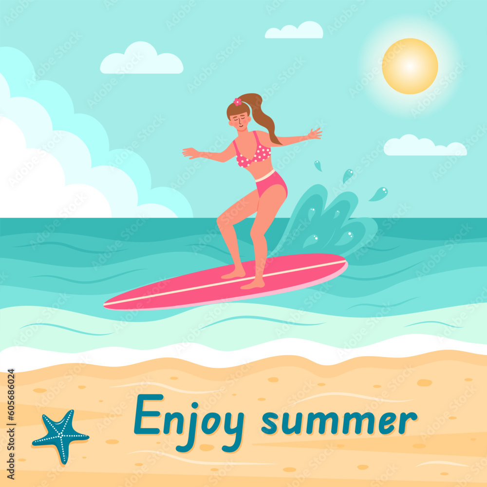 Woman in swimsuit on the surfboard in the ocean. Summer seascape, active sport, surfing on ocean waves, vacation concept. Enjoy summer text. Flat cartoon vector illustration.