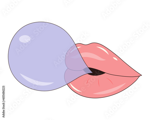 Sexy glossy lips with gum bubble in pop art style. Female mouth inflates a bubble of chewing gum.