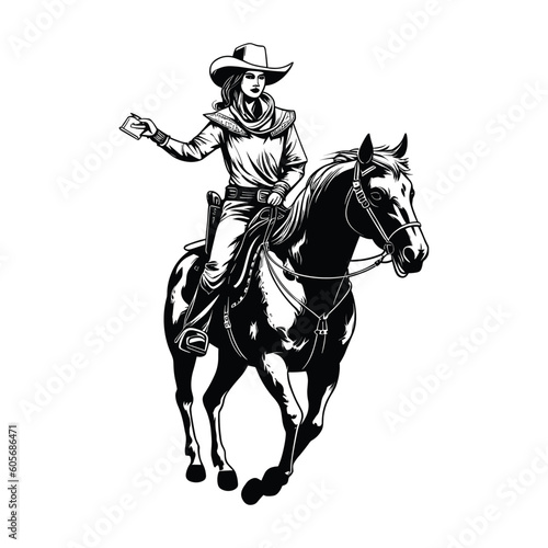 A cowgirl riding on the back of a horse, vector illustration, isolated on white background. © Design Musketeer