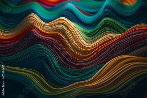 Close-up of vibrant wallpaper with wavy lines in shades of green, yellow, red, blue, orange, and pink. Generative AI